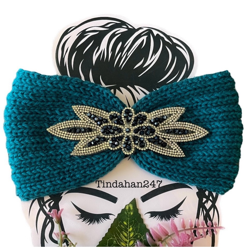 Daisy Gem Flower Design Teal Knit Knot Crochet Handmade Headband Womens‎